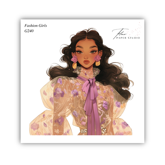 The image is a fashion illustration featuring a woman with long, dark hair wearing a floral print dress and large earrings.