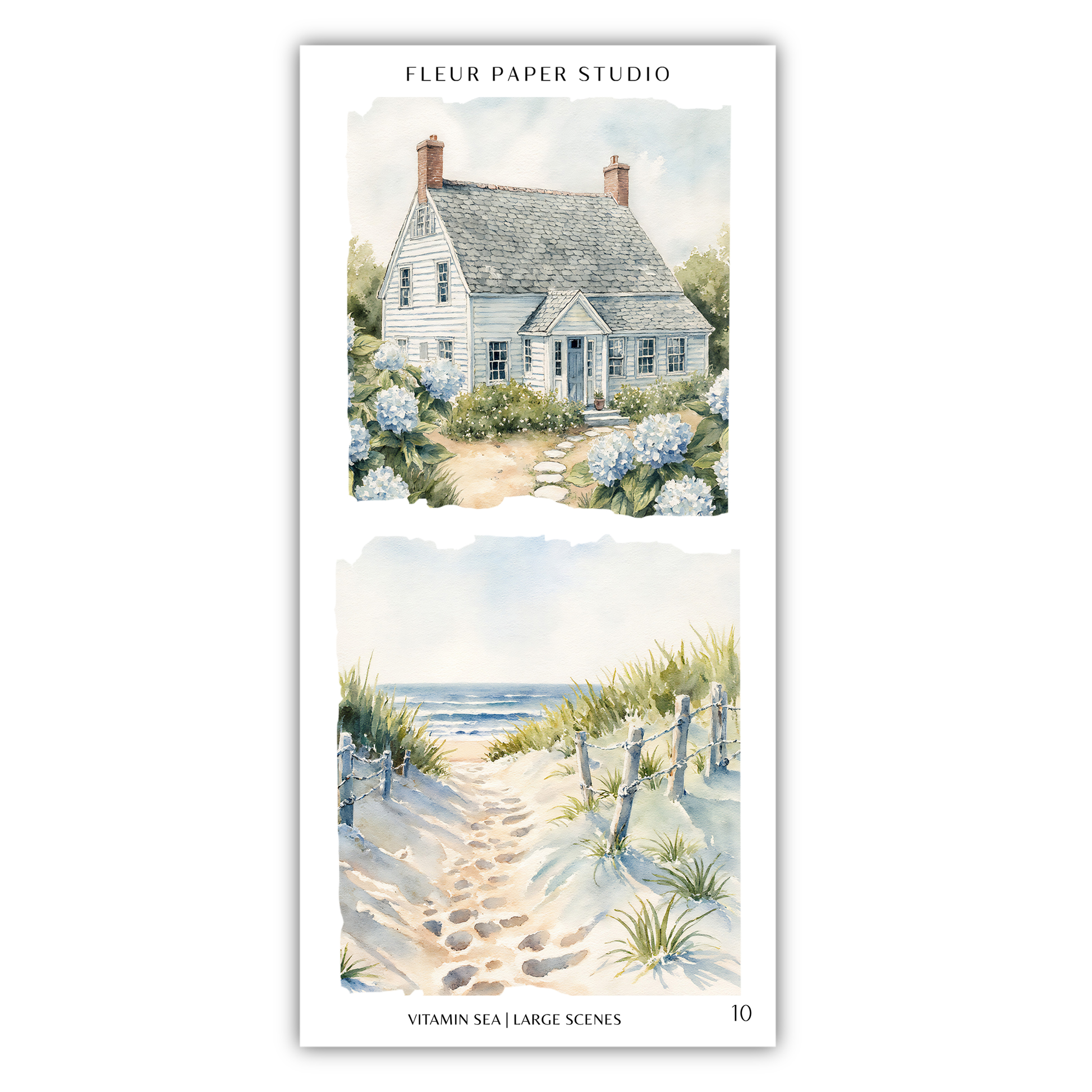 The image is a collage of two watercolor paintings depicting coastal scenes. The top painting shows a quaint cottage surrounded by lush greenery, while the bottom painting depicts a sandy beach with a path leading to the ocean.