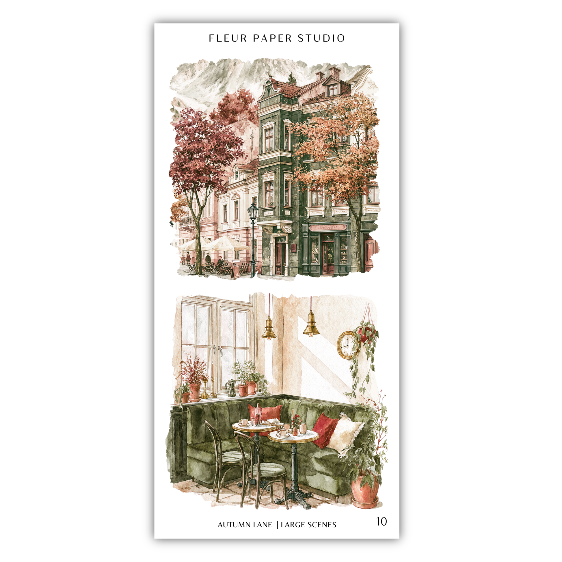 The image is a collage of two scenes from a city street. The top scene depicts a large building with a green facade and a clock on the front, surrounded by trees with red leaves. The bottom scene shows a cozy cafe with a green couch, a table with a vase of flowers, and a potted plant.