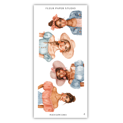The image is a collage of five illustrations of women wearing off-the-shoulder tops in various pastel colors, including peach, blue, and pink.