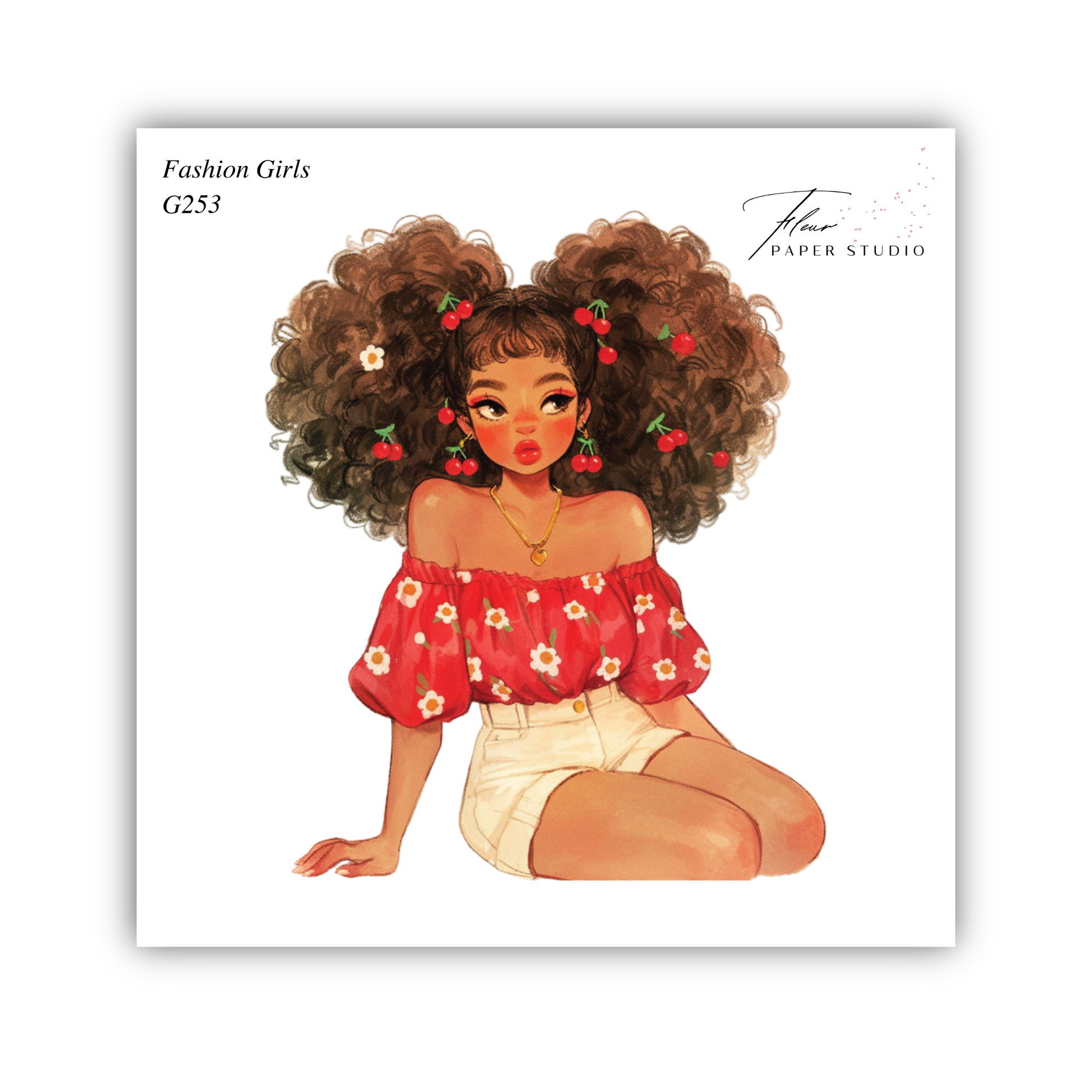 A stylized illustration of a young woman with curly hair and a floral top, sitting on the ground and looking to the side.