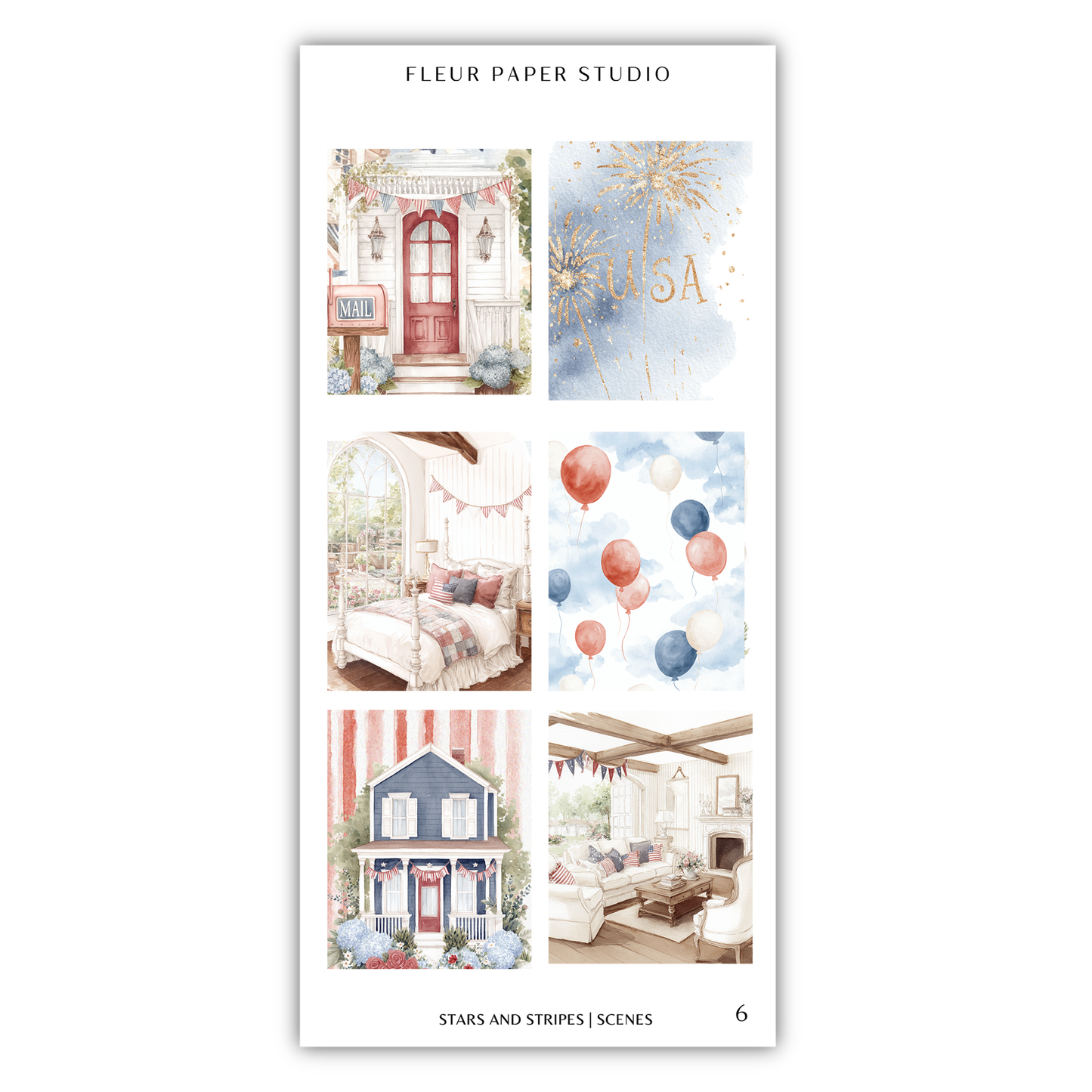 The image is a collage of six different scenes, including a house, balloons, a bedroom, a fireplace, and a living room.