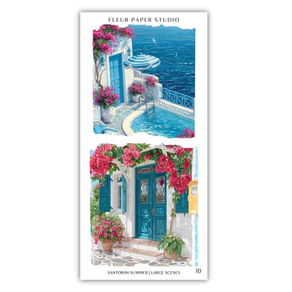 The image is a collage of two pictures depicting a scenic view of a pool and a house with a blue door and pink flowers.