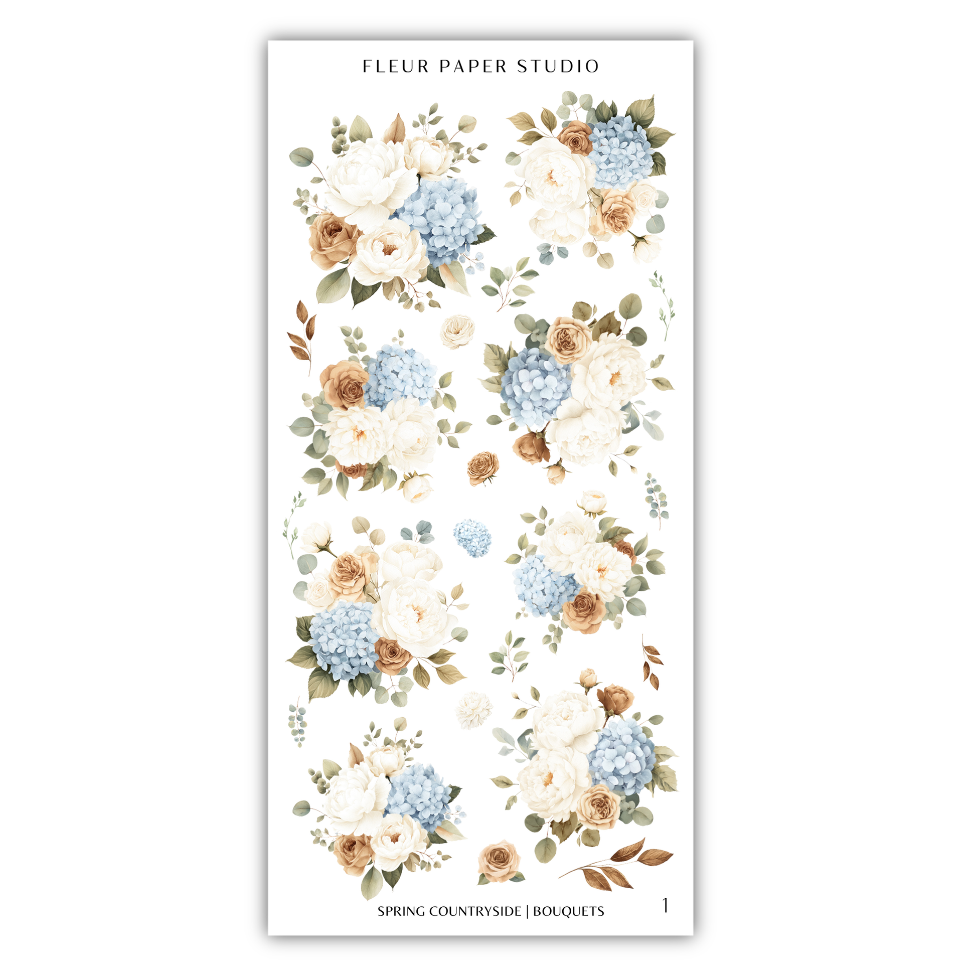 The image is a collage of various floral arrangements, including white and blue flowers, along with leaves and branches. The text "FLÉR PAPER STUDIO" is visible, indicating the source or brand of the floral designs.