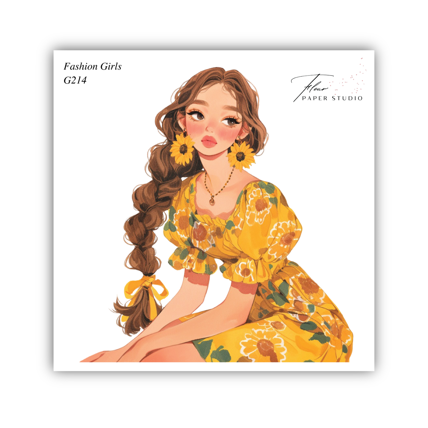 A stylized illustration of a young woman with long brown hair wearing a yellow dress with sunflower patterns.