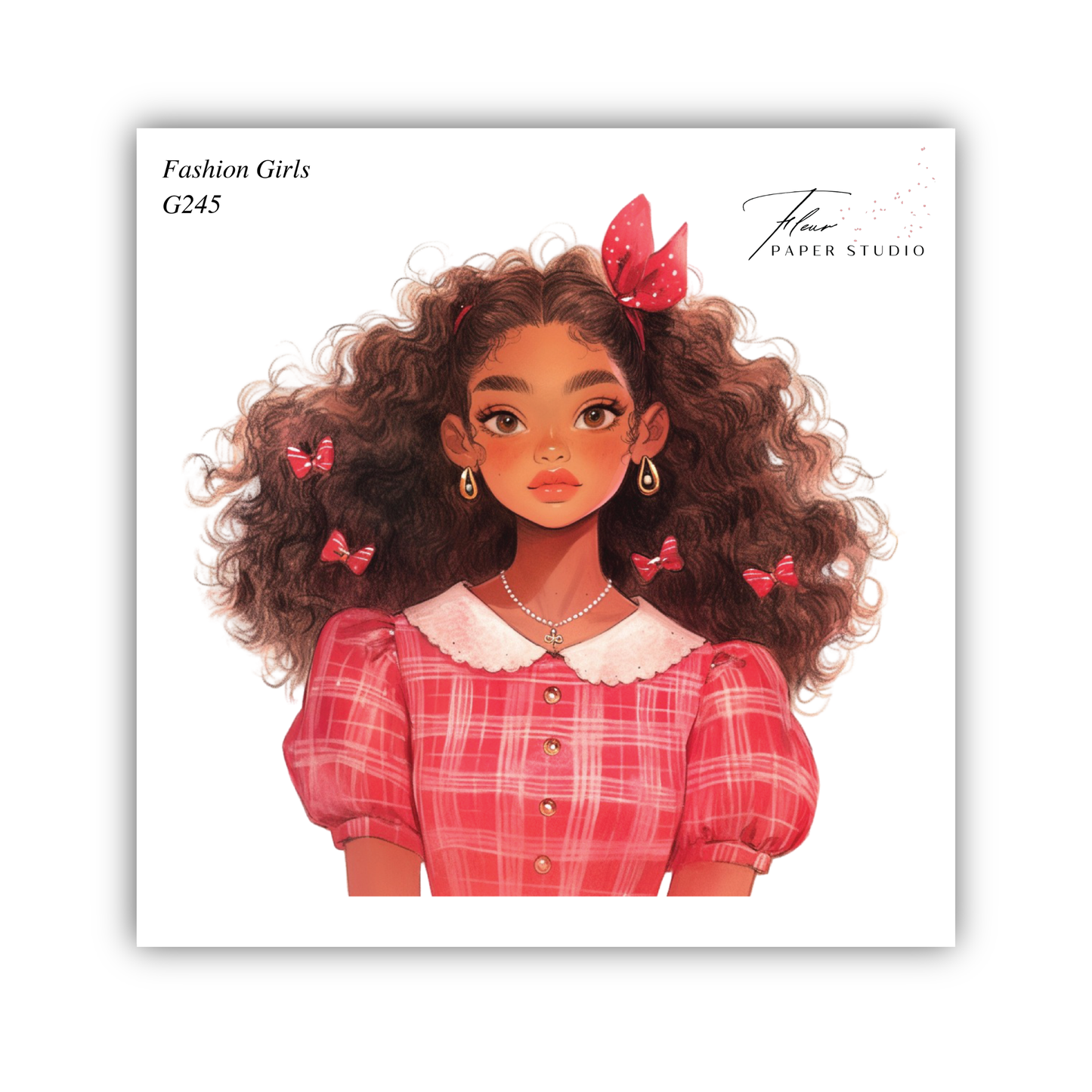 A stylized illustration of a young woman with curly hair wearing a red and white plaid dress, accessorized with a red bow in her hair.