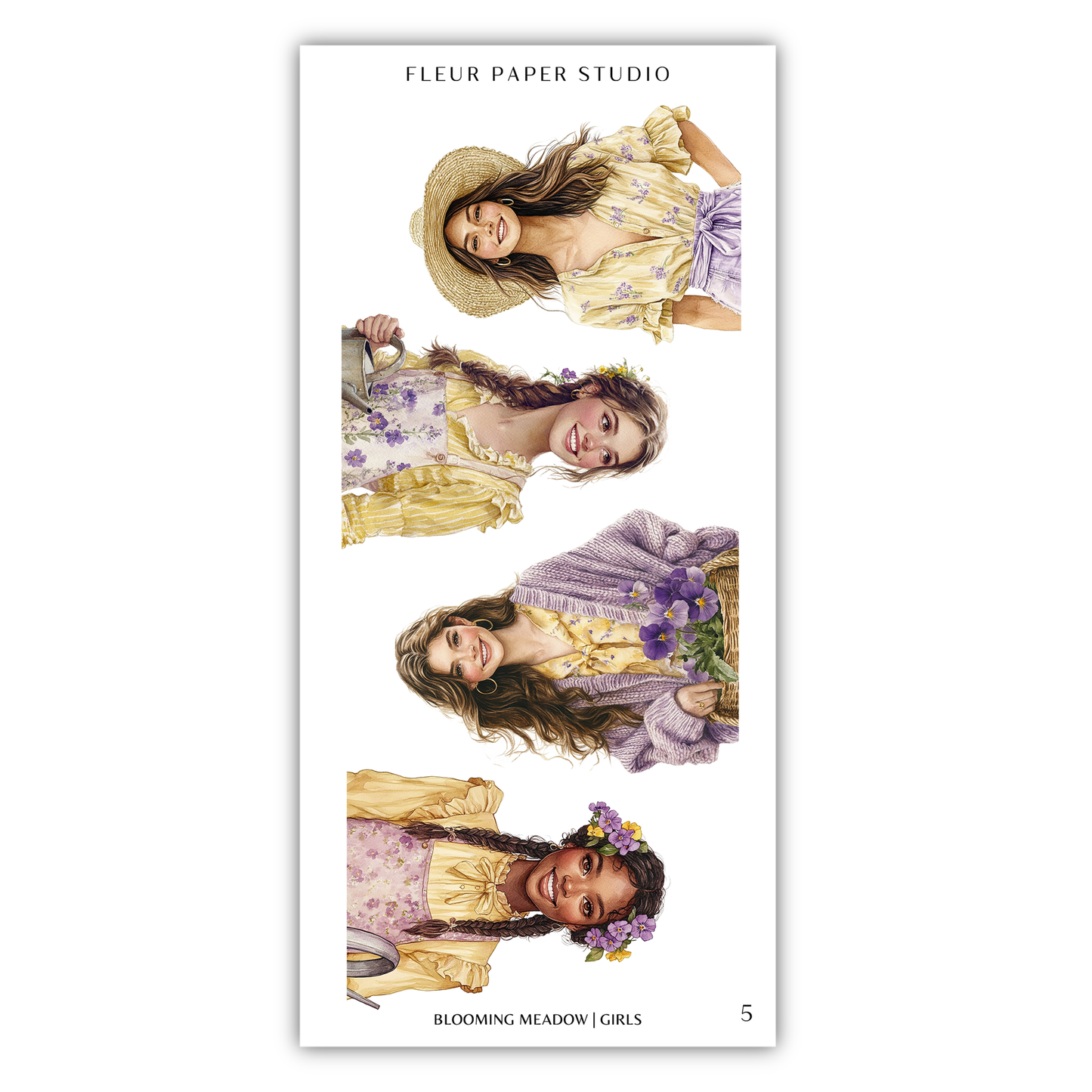 The image is a collage of four illustrations depicting young women in various poses and outfits, with floral patterns.