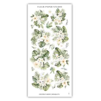 The image is a collage of various floral arrangements, including white flowers and green leaves, arranged in a repeating pattern.