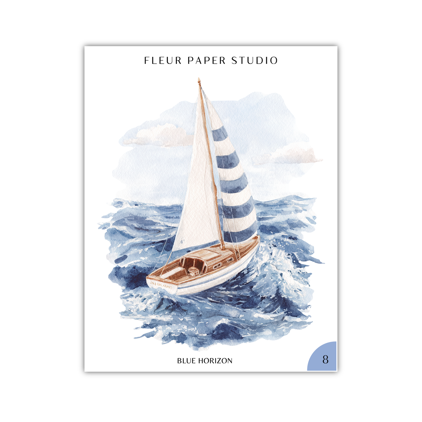 a sailboat on the water, with a blue and white striped sail and a wooden hull.