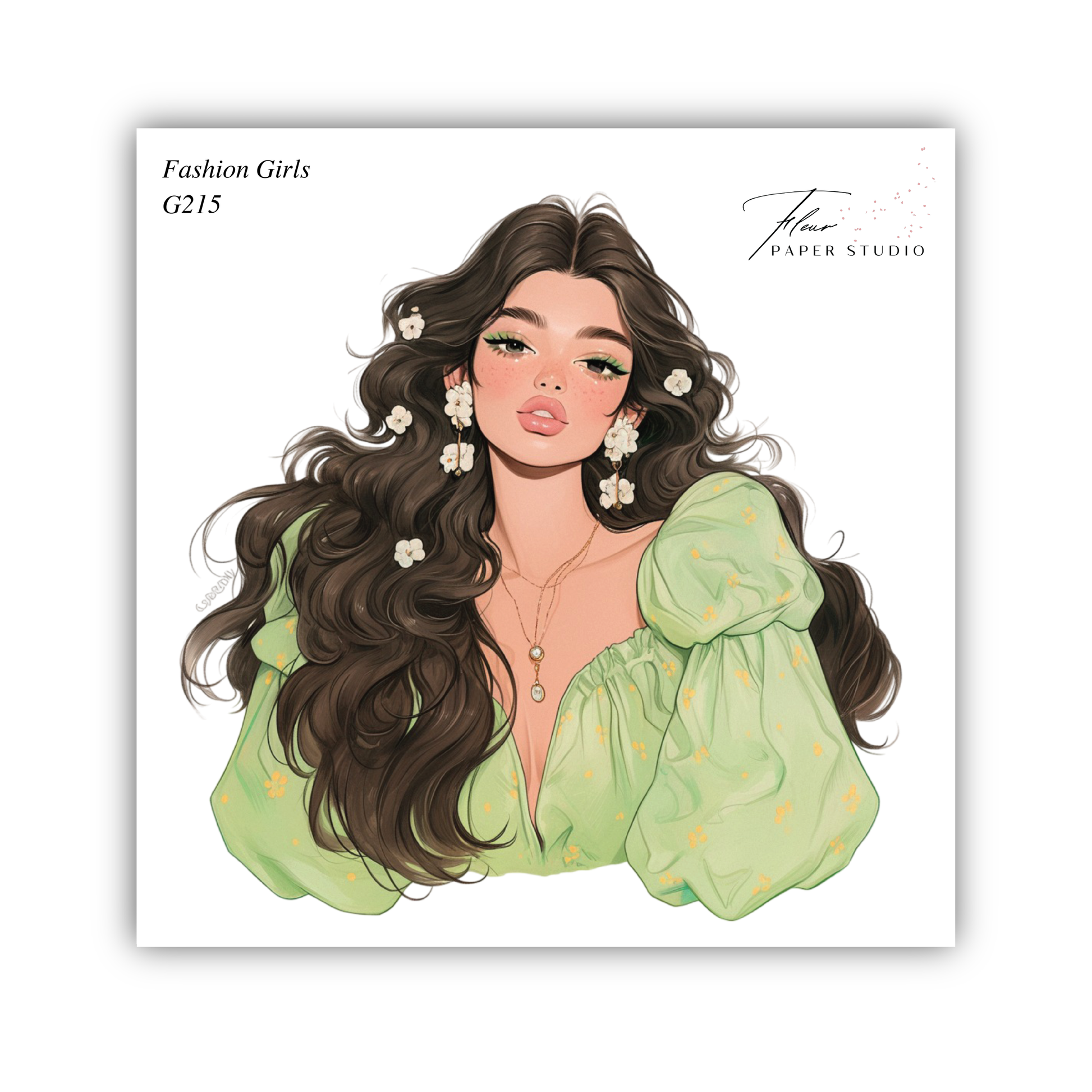 The image is a stylized illustration of a woman with long, dark hair and a green blouse. She has a pensive expression and is wearing large earrings.