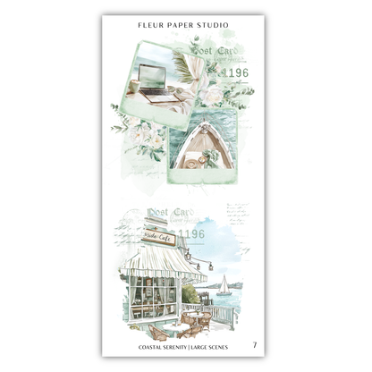 The image is a collage of two large scenes, one depicting a coastal cafe and the other showing a boat on the water.