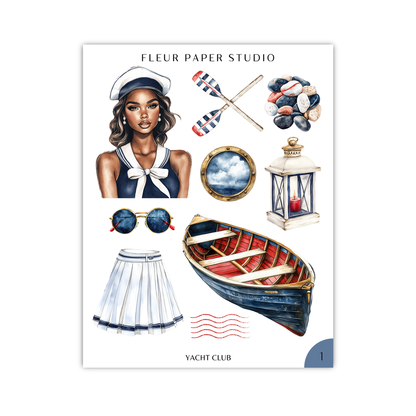 The image is a collage of various nautical and fashion-related items, including a woman in a nautical outfit, a boat, sunglasses, a lantern, and other accessories.