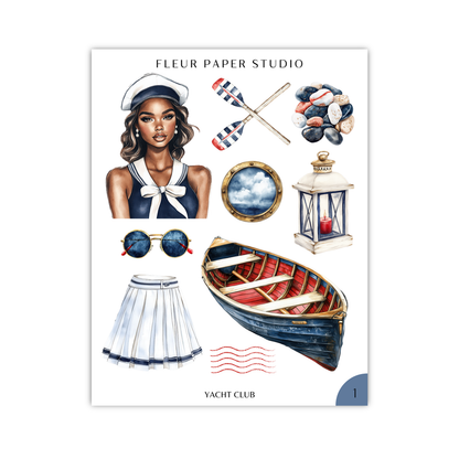 The image is a collage of various nautical and fashion-related items, including a woman in a nautical outfit, a boat, sunglasses, a lantern, and other accessories.
