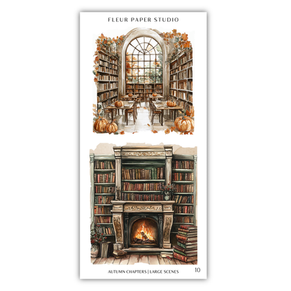 The image is a collage of two scenes from a fleur-de-lis style library. The top scene depicts a large arched window with bookshelves lining the walls, and a fireplace with a stack of books on the mantel. The bottom scene shows a cozy fireplace surrounded by bookshelves, with a stack of books on the mantel and a vase of flowers on the windowsill.