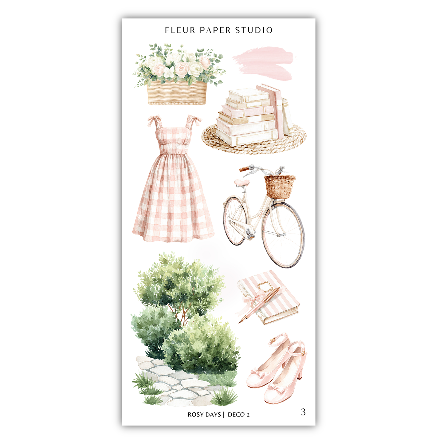 various illustrations related to the theme of "Fleur Paper Studio", including a dress, a bicycle, a basket of books, a plant, and other decorative elements.