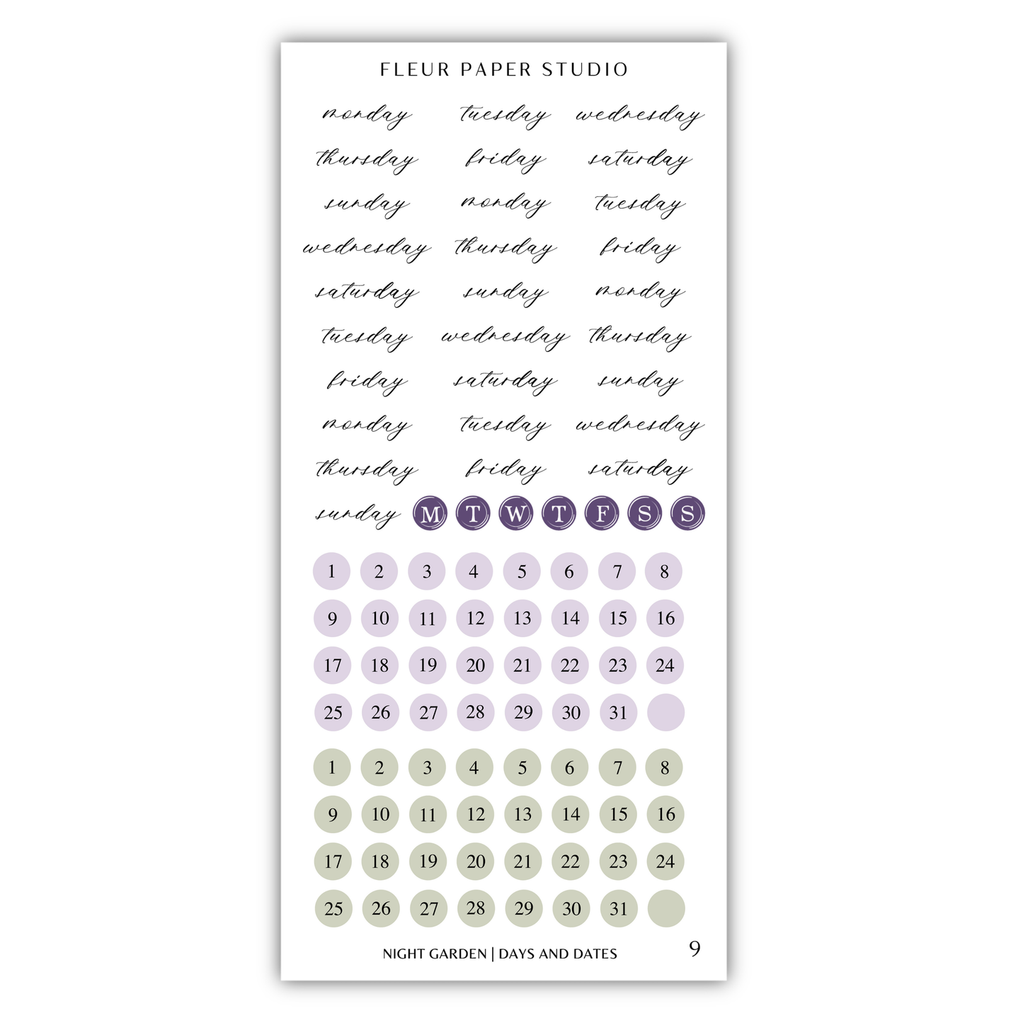 The image is a calendar and sticker set for the Fleur Paper Studio, featuring a calendar for the months of the week and a sticker set for the days of the week.