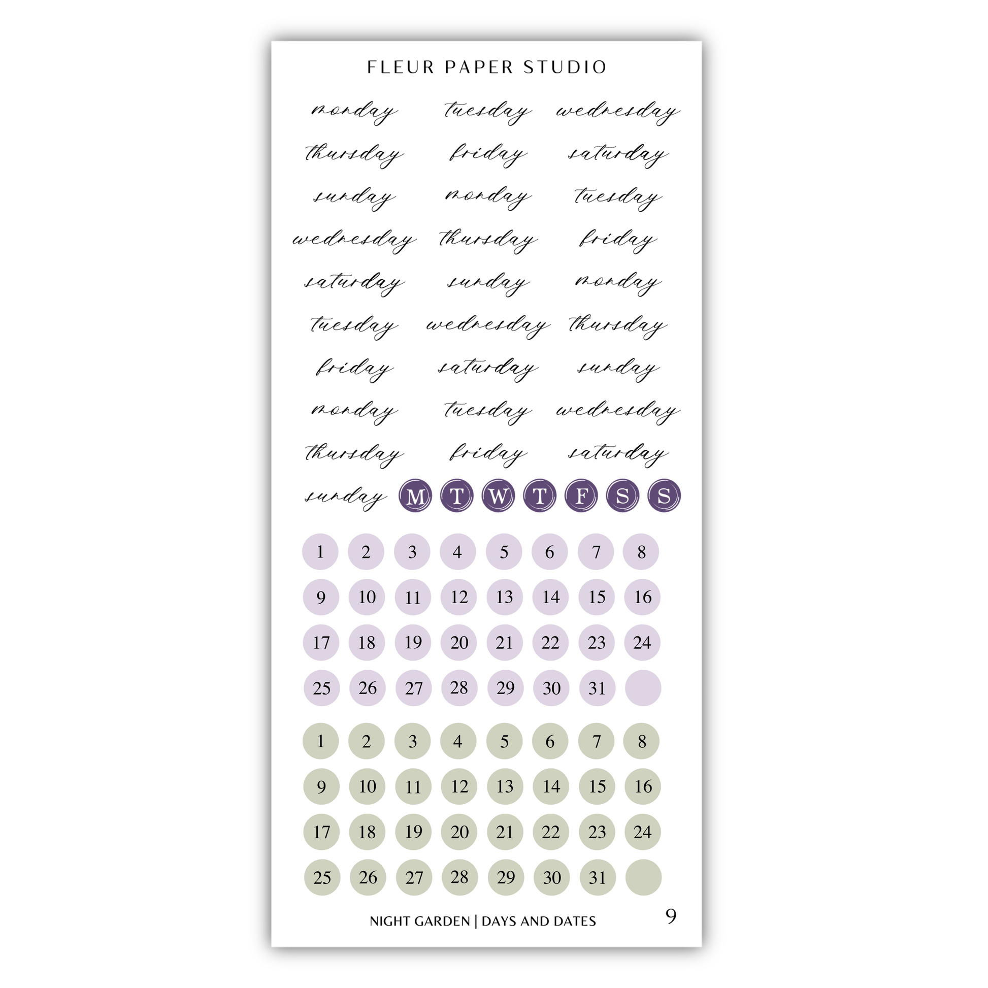 The image is a calendar and sticker set for the Fleur Paper Studio, featuring a calendar for the months of the week and a sticker set for the days of the week.