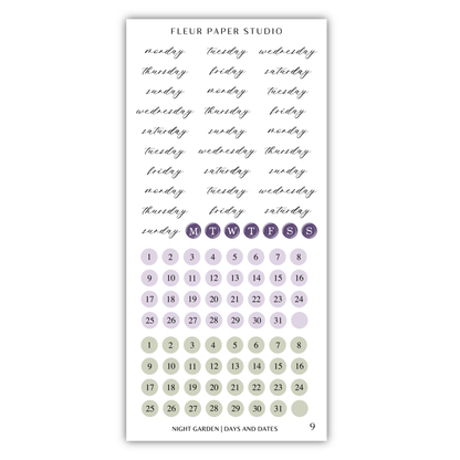 The image is a calendar and sticker set for the Fleur Paper Studio, featuring a calendar for the months of the week and a sticker set for the days of the week.