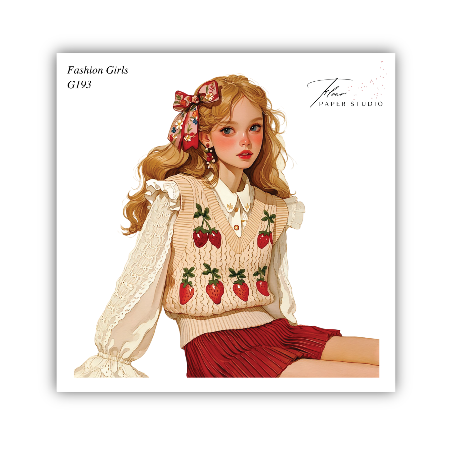 A young woman with long, curly hair wearing a sweater with strawberry designs and a bow in her hair. She is sitting down and looking directly at the camera.