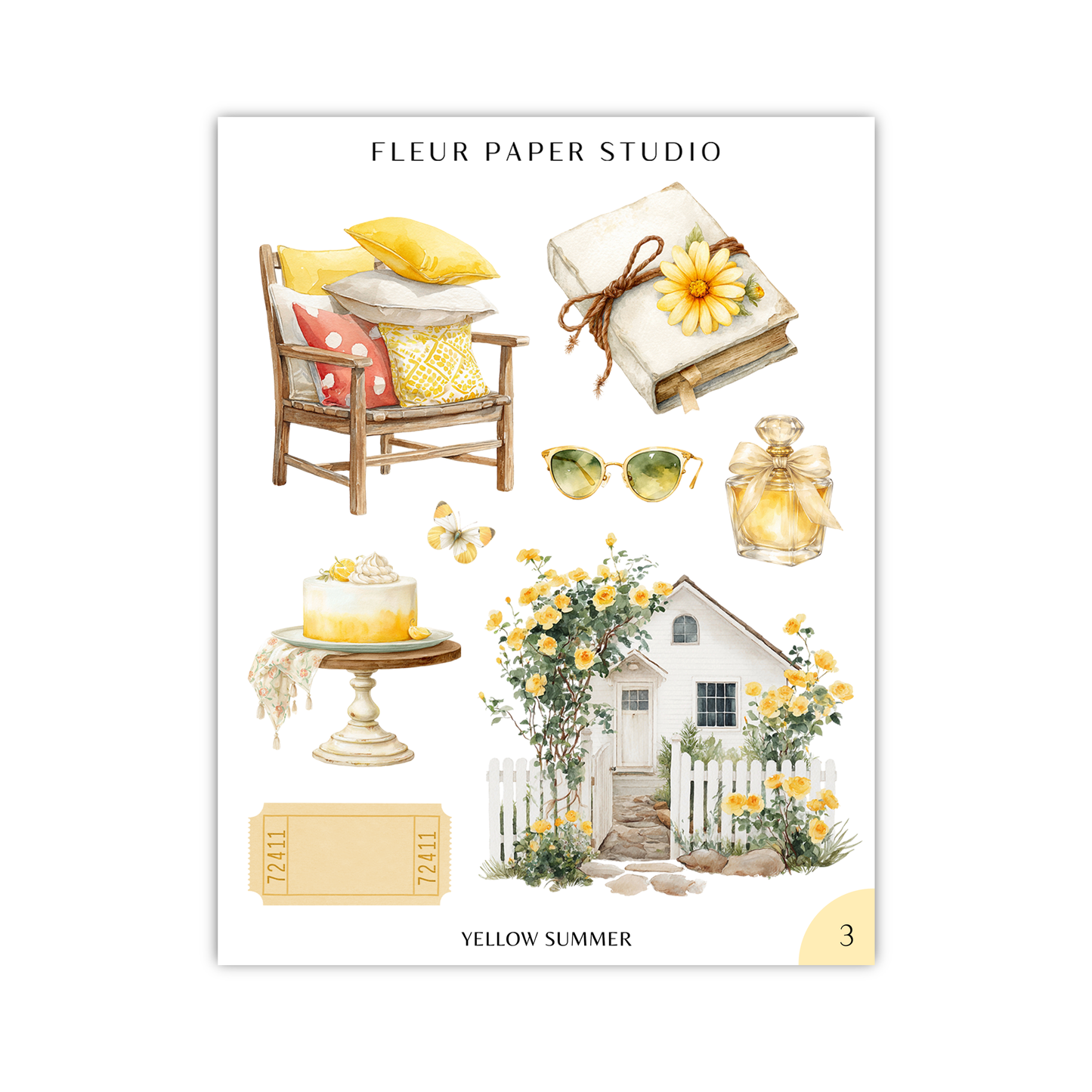 The image is a collage of various objects and scenes related to the theme of "Yellow Summer", including a wooden chair, a book, a house, a cake, sunglasses, and a yellow flower.