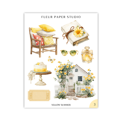 The image is a collage of various objects and scenes related to the theme of "Yellow Summer", including a wooden chair, a book, a house, a cake, sunglasses, and a yellow flower.