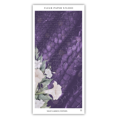 The image is a collage featuring a purple background with a floral pattern and white flowers.