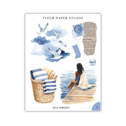The image is a collage of various elements, including a woman sitting on a dock, a basket of towels, seagulls flying in the sky, and a stamp. The collage is titled "Blue Horizon" and includes a "5" in the bottom right corner.