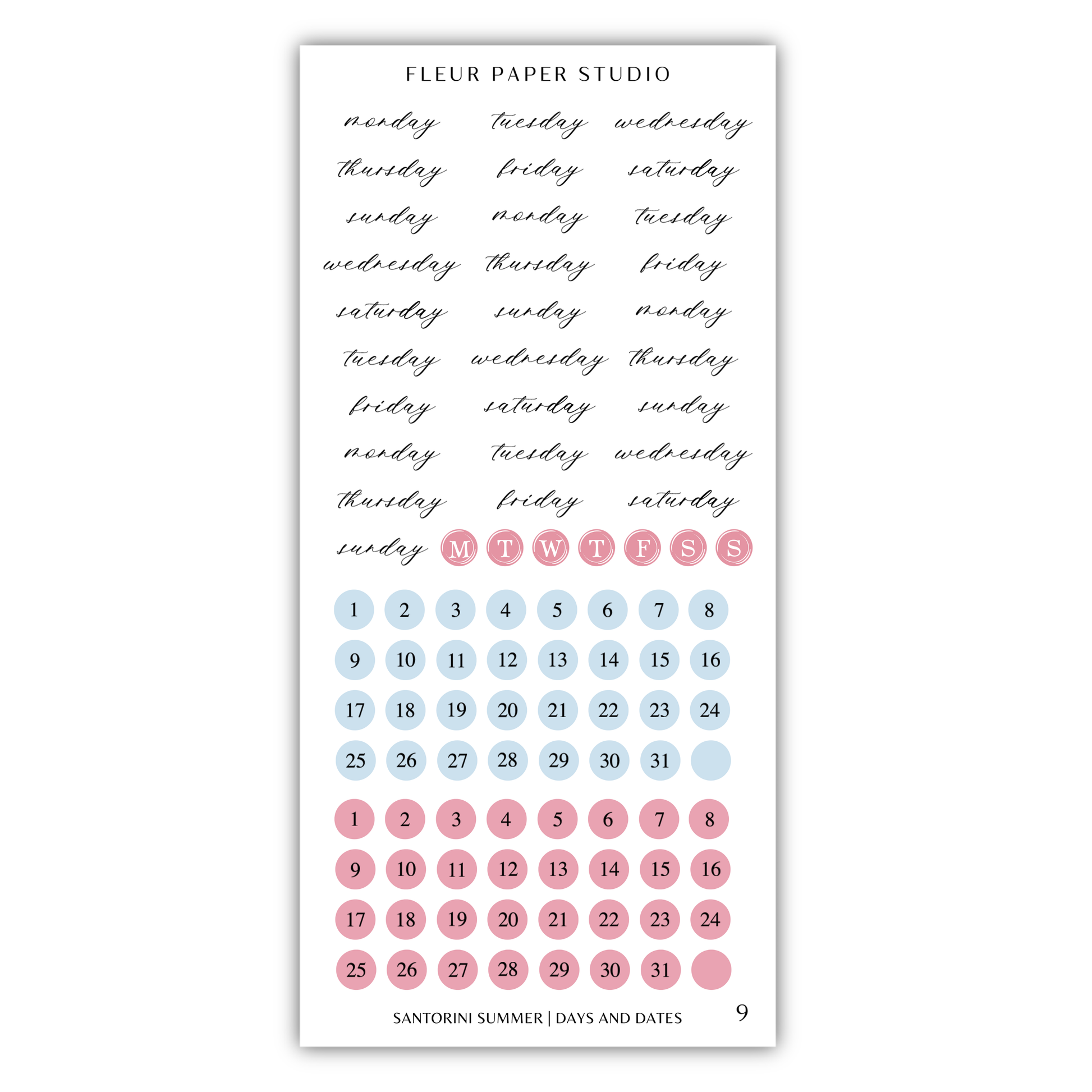 The image is a calendar and sticker set for the Fleur Paper Studio, featuring a calendar with days of the week and a set of stickers with dates.