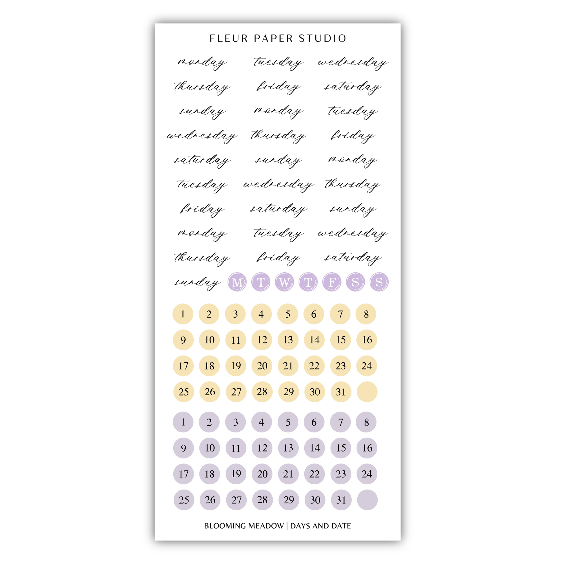 The image is a calendar and sticker set for the Fleur Paper Studio, featuring a calendar with days of the week and a sticker set with days of the week.