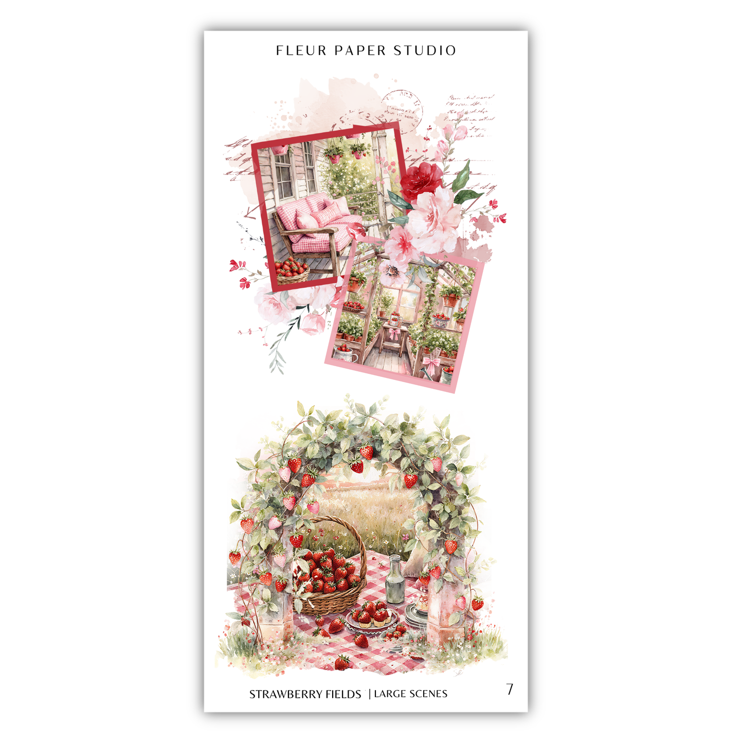 The image is a collage of two large scenes featuring strawberry fields. The top scene shows a red frame with a floral arrangement, while the bottom scene depicts a basket of strawberries on a table.
