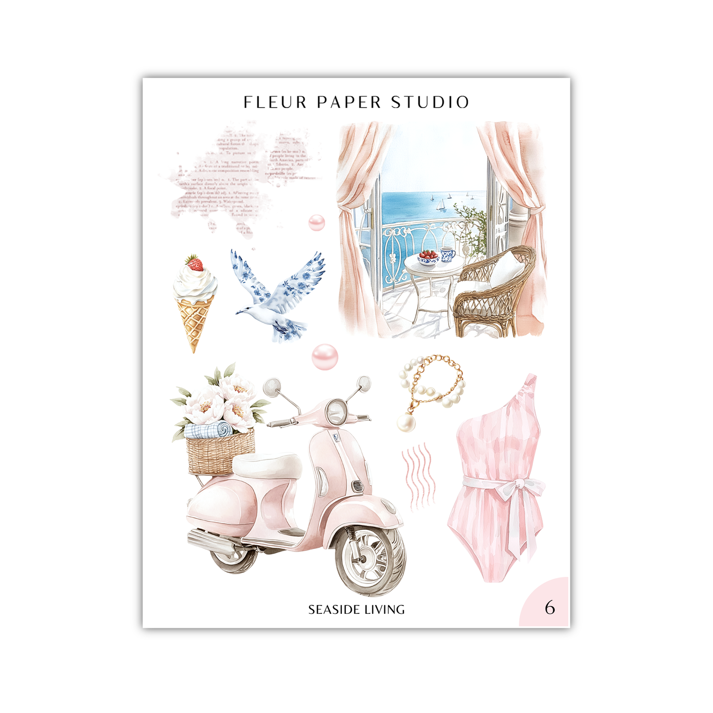 The image is a collage of various objects and scenes, including a pink scooter, a seaside living room, a bird, flowers, a bicycle, and a pink dress.