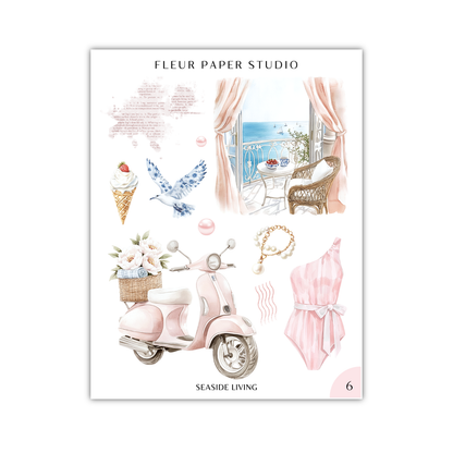The image is a collage of various objects and scenes, including a pink scooter, a seaside living room, a bird, flowers, a bicycle, and a pink dress.