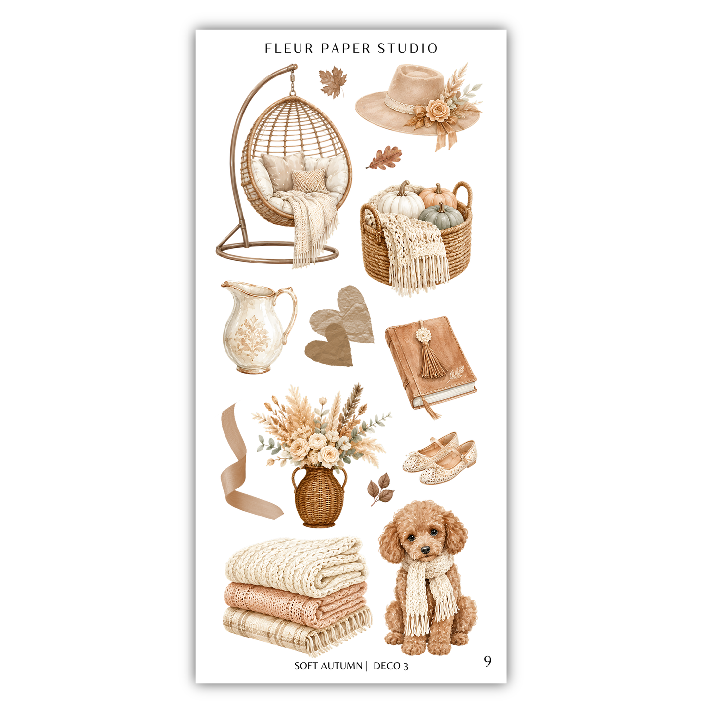 a collection of objects and illustrations related to the theme of "Soft Autumn (DEC) 3", including a hanging basket, a basket of pumpkins, a basket of flowers, a vase of flowers, a dog, and various other items.