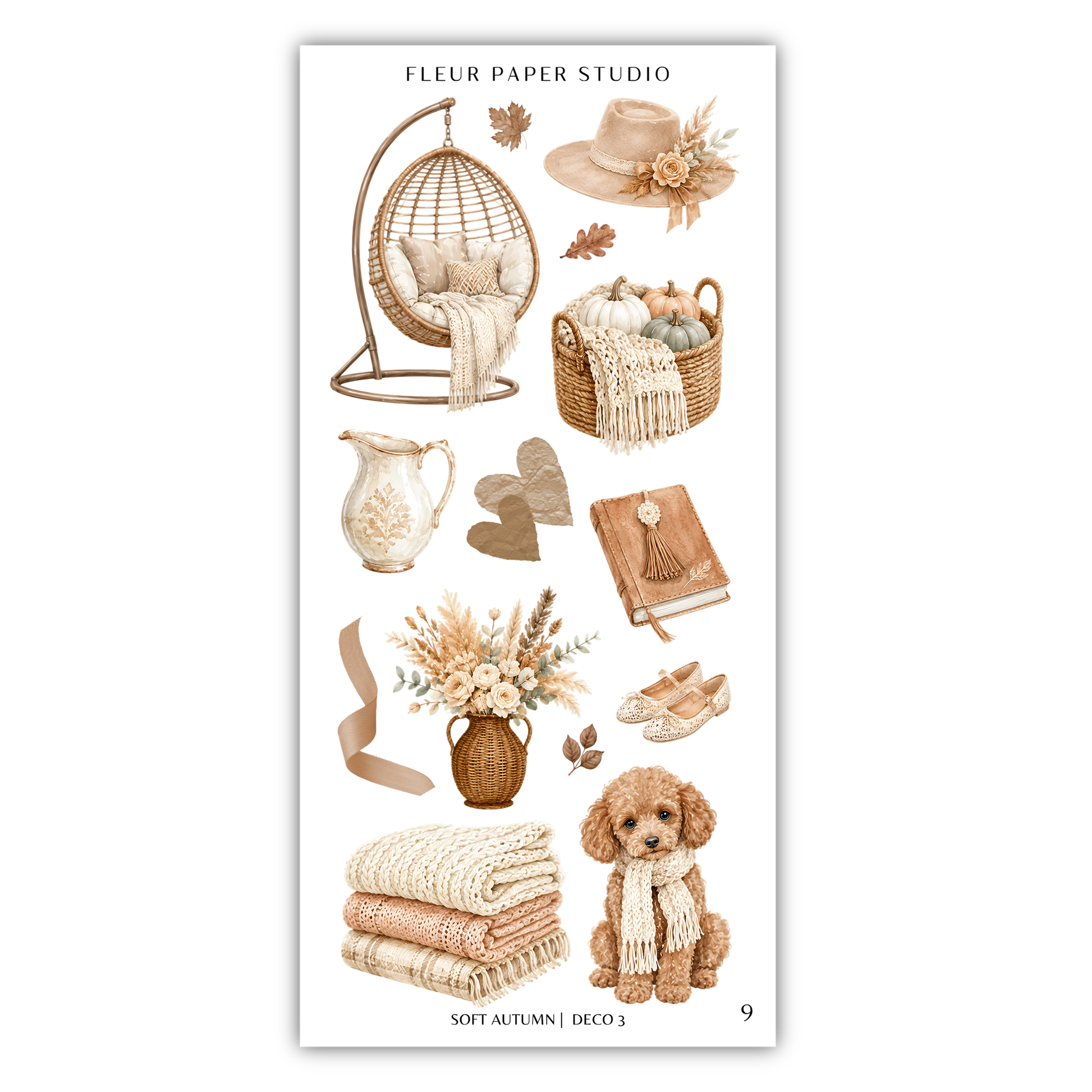 a collection of objects and illustrations related to the theme of "Soft Autumn (DEC) 3", including a hanging basket, a basket of pumpkins, a basket of flowers, a vase of flowers, a dog, and various other items.
