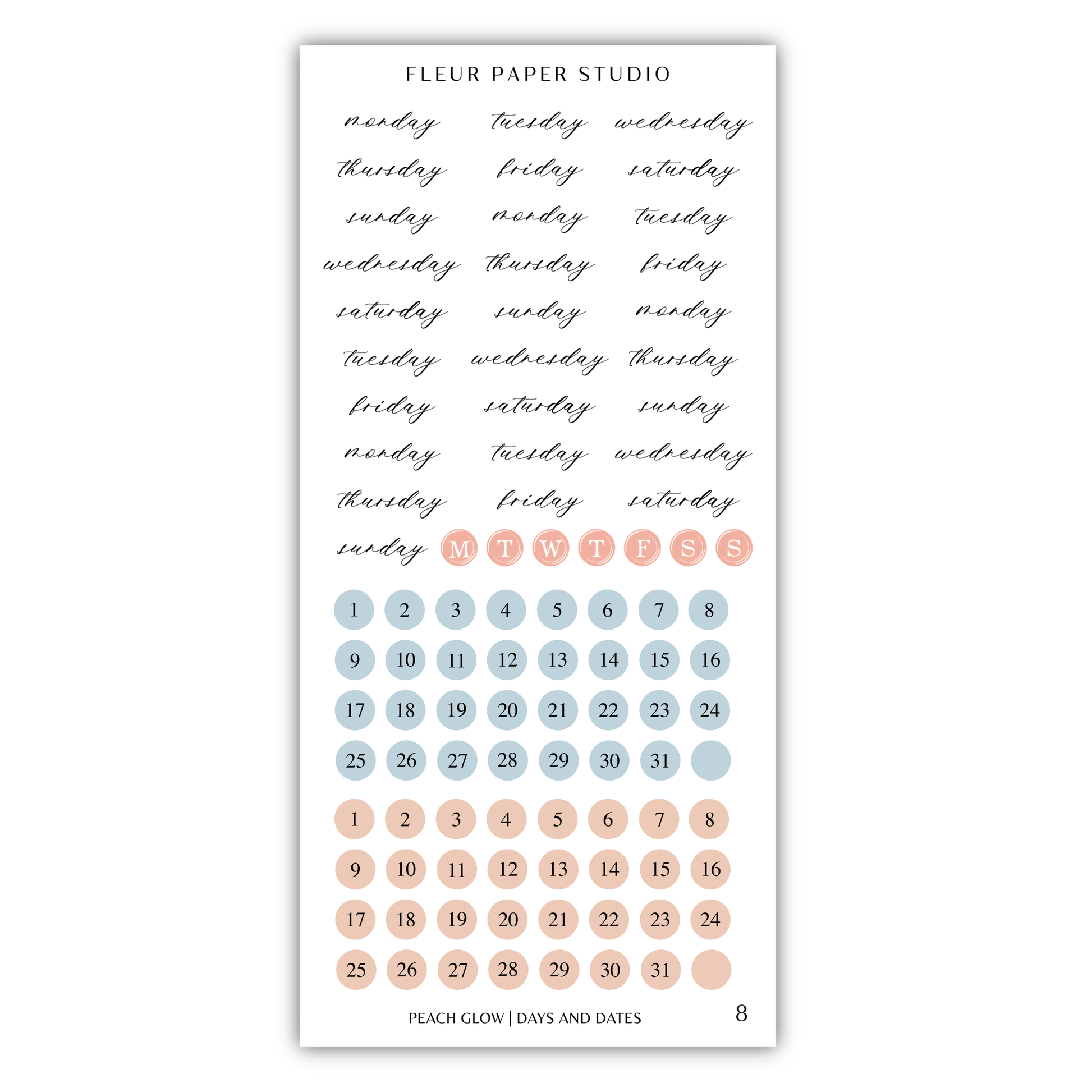 The image is a calendar and sticker set for the Fleur Paper Studio, featuring a calendar with days of the week and a set of stickers with various colors and designs.