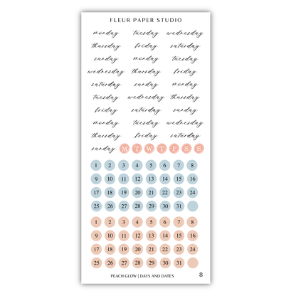 The image is a calendar and sticker set for the Fleur Paper Studio, featuring a calendar with days of the week and a set of stickers with various colors and designs.