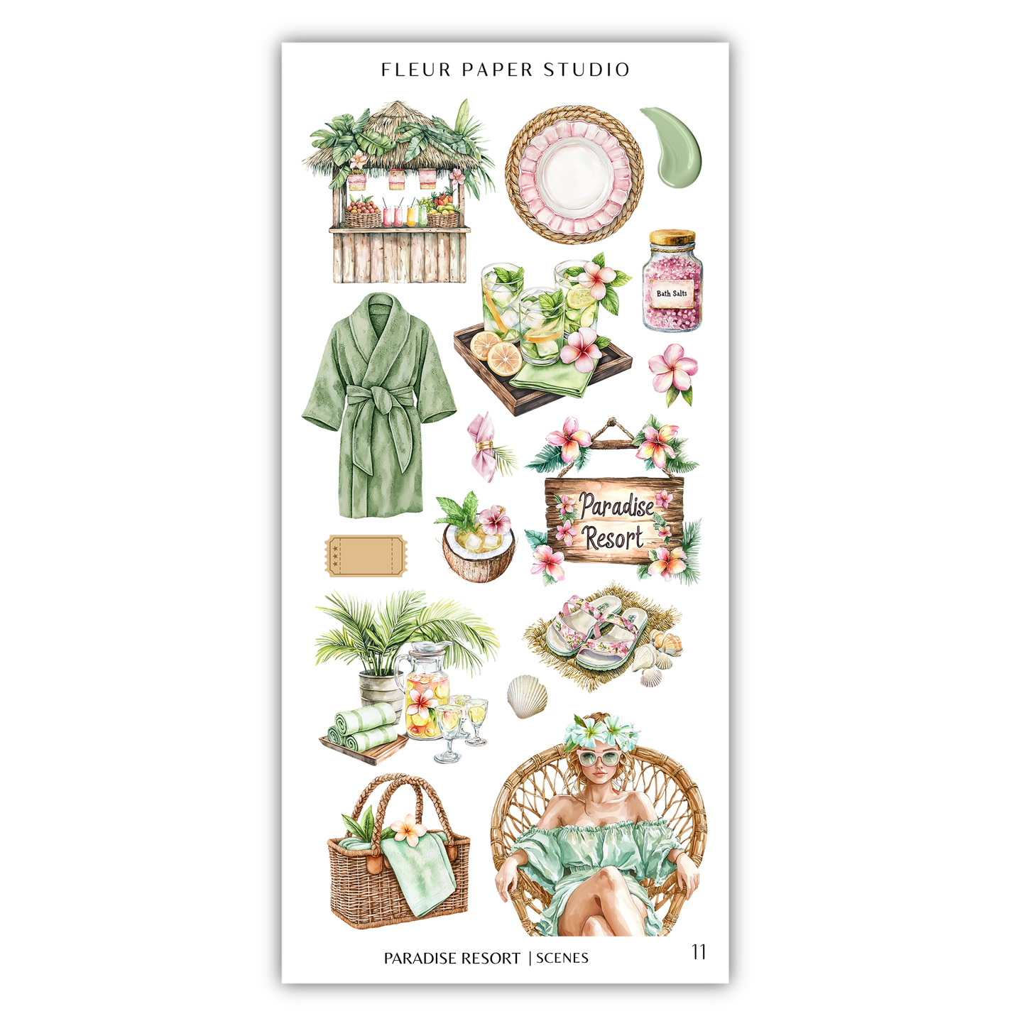 various illustrations related to a tropical resort, including a green robe, a basket, a sign, a woman in a wicker chair, and other objects such as a bottle, a bowl, and a plant.