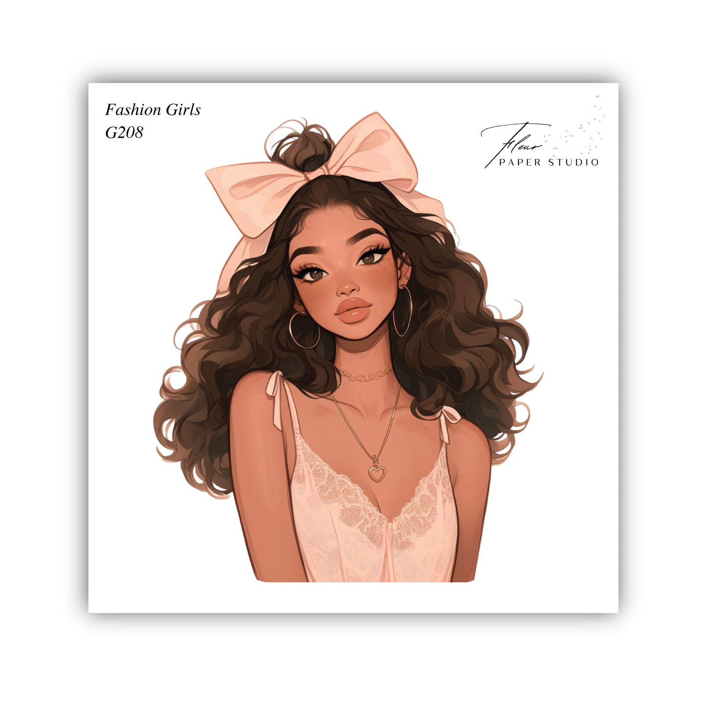 The image is a stylized illustration of a young woman with long, curly brown hair wearing a pink bow and a lace top.