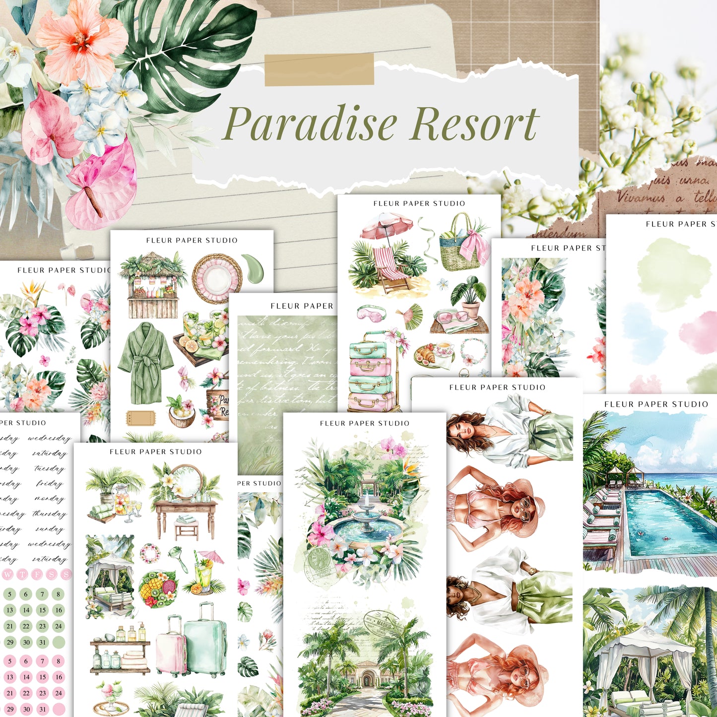 The image is a collage of various tropical-themed illustrations and designs, including flowers, plants, and people, arranged in a visually appealing manner.