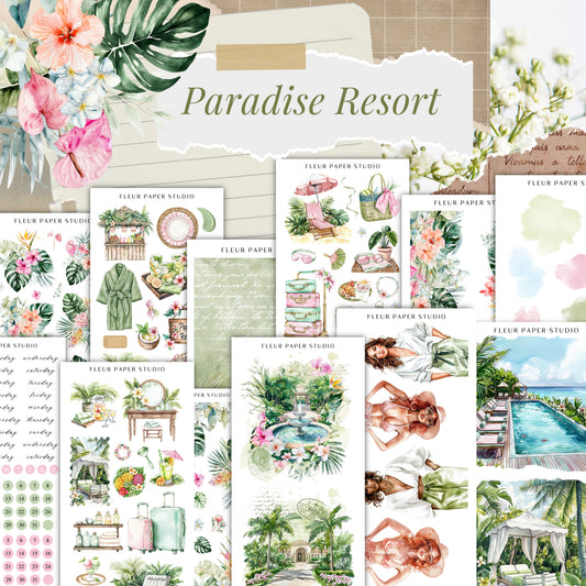 The image is a collage of various tropical-themed illustrations and designs, including flowers, plants, and people, arranged in a visually appealing manner.