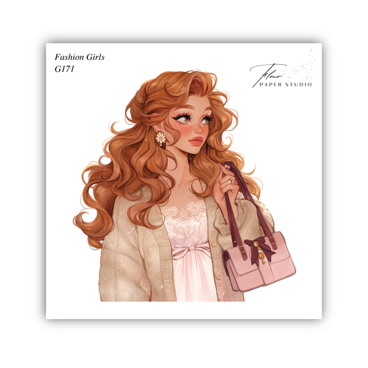 The image is a stylized illustration of a woman with long, curly hair wearing a pink dress and holding a pink purse.