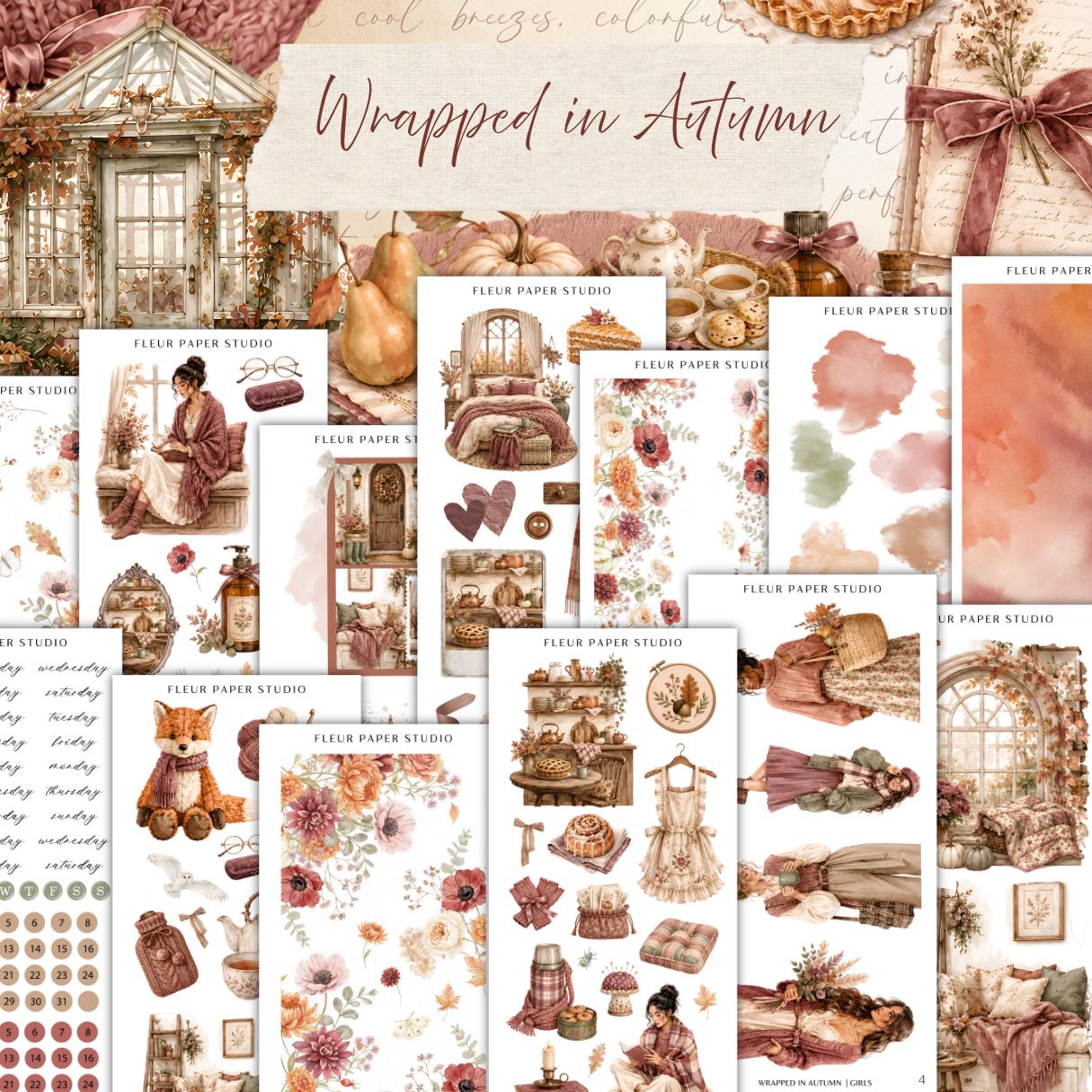 The image is a collage of various illustrations and scenes related to autumn, including a house, pears, flowers, and other seasonal elements. The collage is titled "wrapped in Autumn" and includes text that describes the different elements in the image.