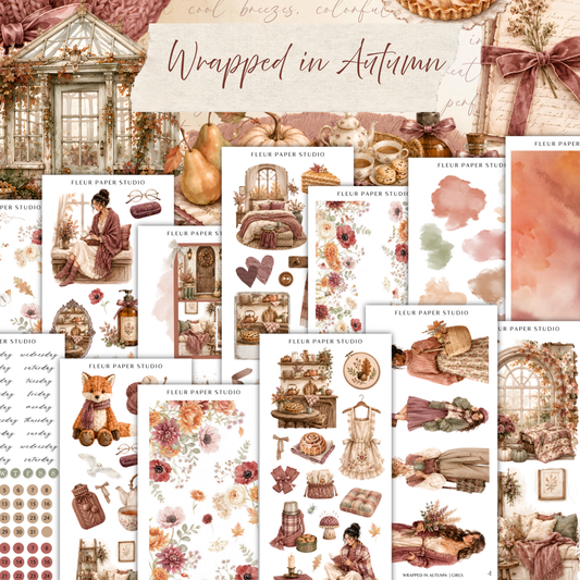 The image is a collage of various illustrations and scenes related to autumn, including a house, pears, flowers, and other seasonal elements. The collage is titled "wrapped in Autumn" and includes text that describes the different elements in the image.