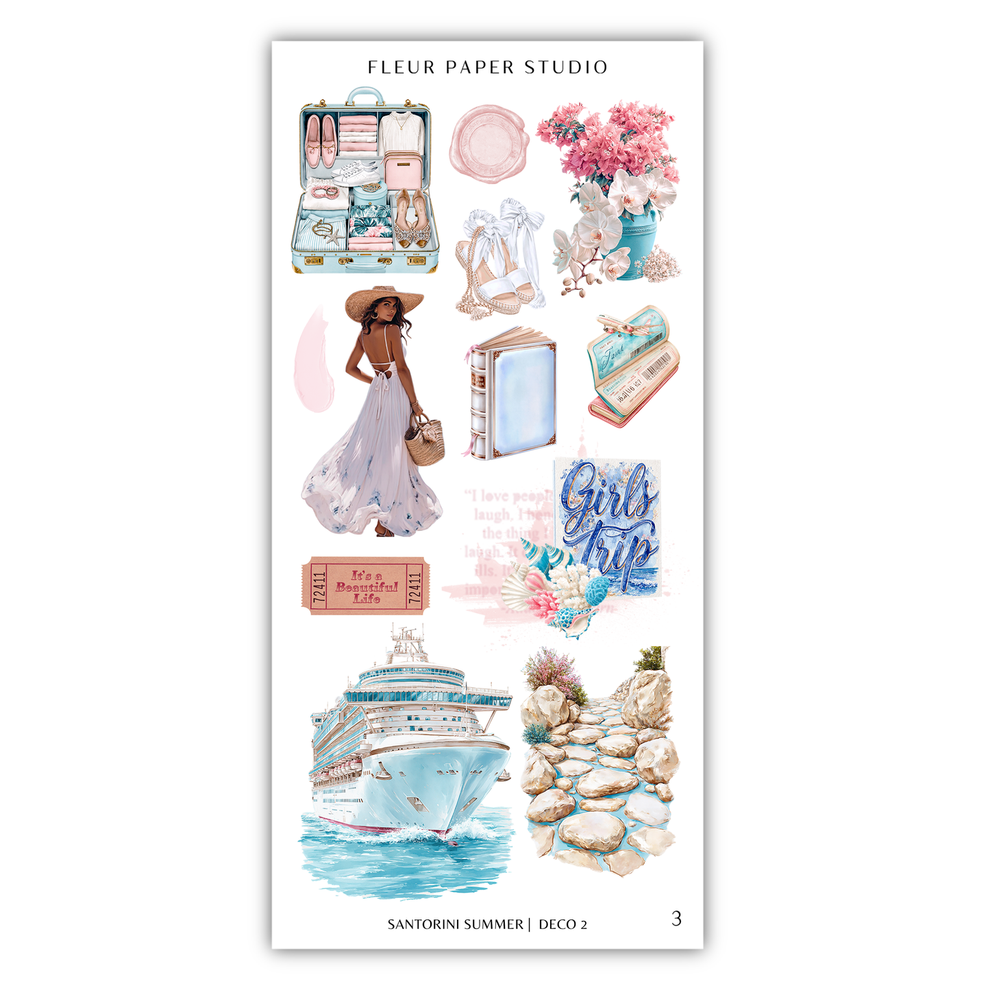 The image is a collage of various illustrations and objects, including a woman in a dress, a suitcase, flowers, a book, a cruise ship, and a path.