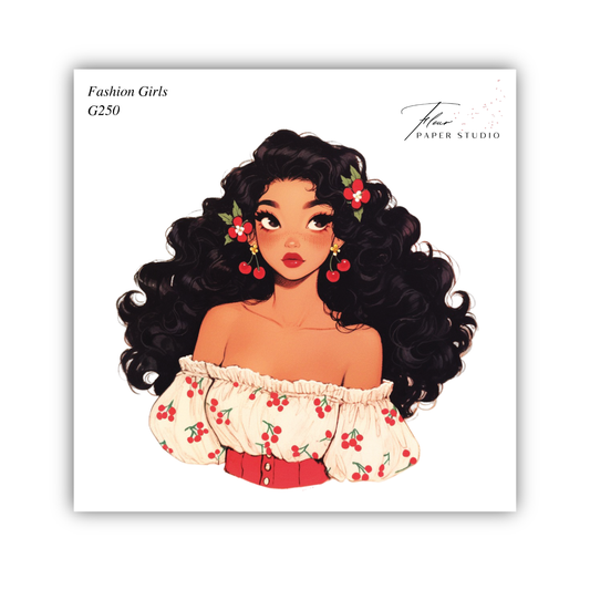 A stylized illustration of a young woman with curly dark hair wearing a white blouse with red cherries and red flowers, and a red skirt.
