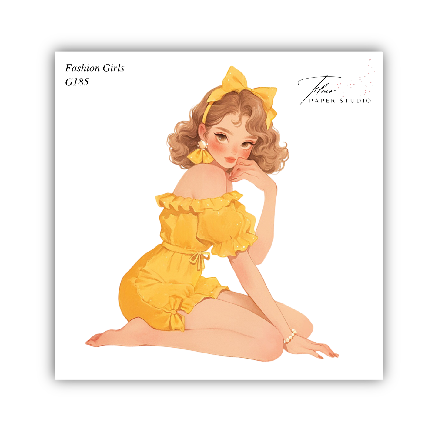 A stylized illustration of a young woman wearing a yellow dress and a yellow headband, sitting on the ground with her legs crossed.