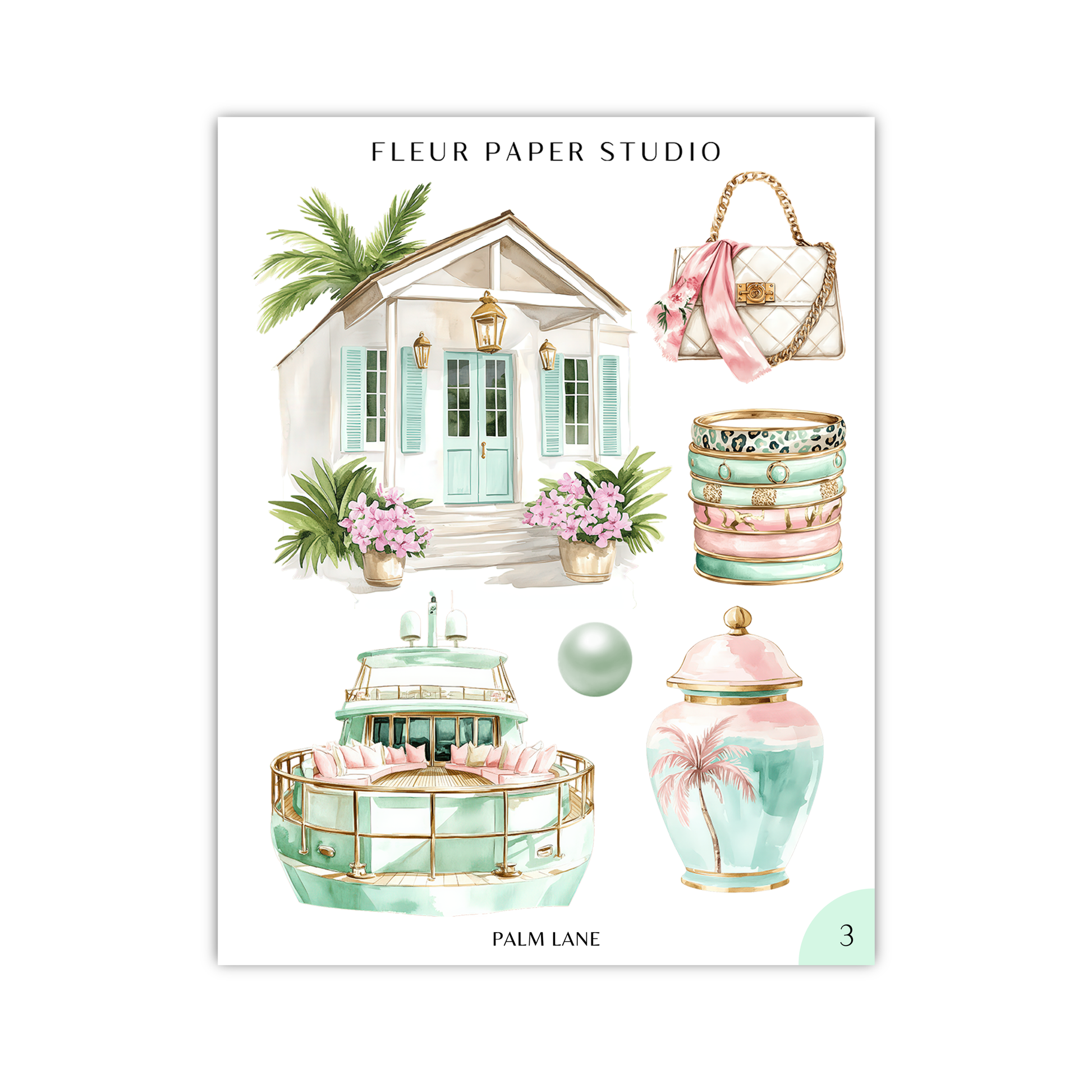 The image is a collage of various decorative items and a house, including a house, a handbag, a vase, a boat, and a palm tree.