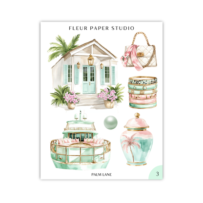 The image is a collage of various decorative items and a house, including a house, a handbag, a vase, a boat, and a palm tree.