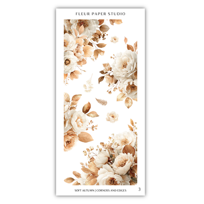 The image is a collage of various floral designs, including white and peach-colored flowers, leaves, and other natural elements. The collage is titled "Soft Autumn / Corners and Edges" and features three different images of the floral designs.