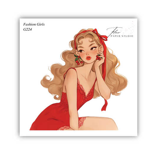 A stylized illustration of a young woman with long, curly blonde hair wearing a red dress and a red ribbon in her hair.